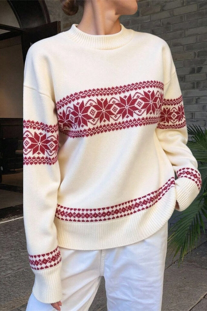 Minimalist Color Block Snowflake Stripe Sweater