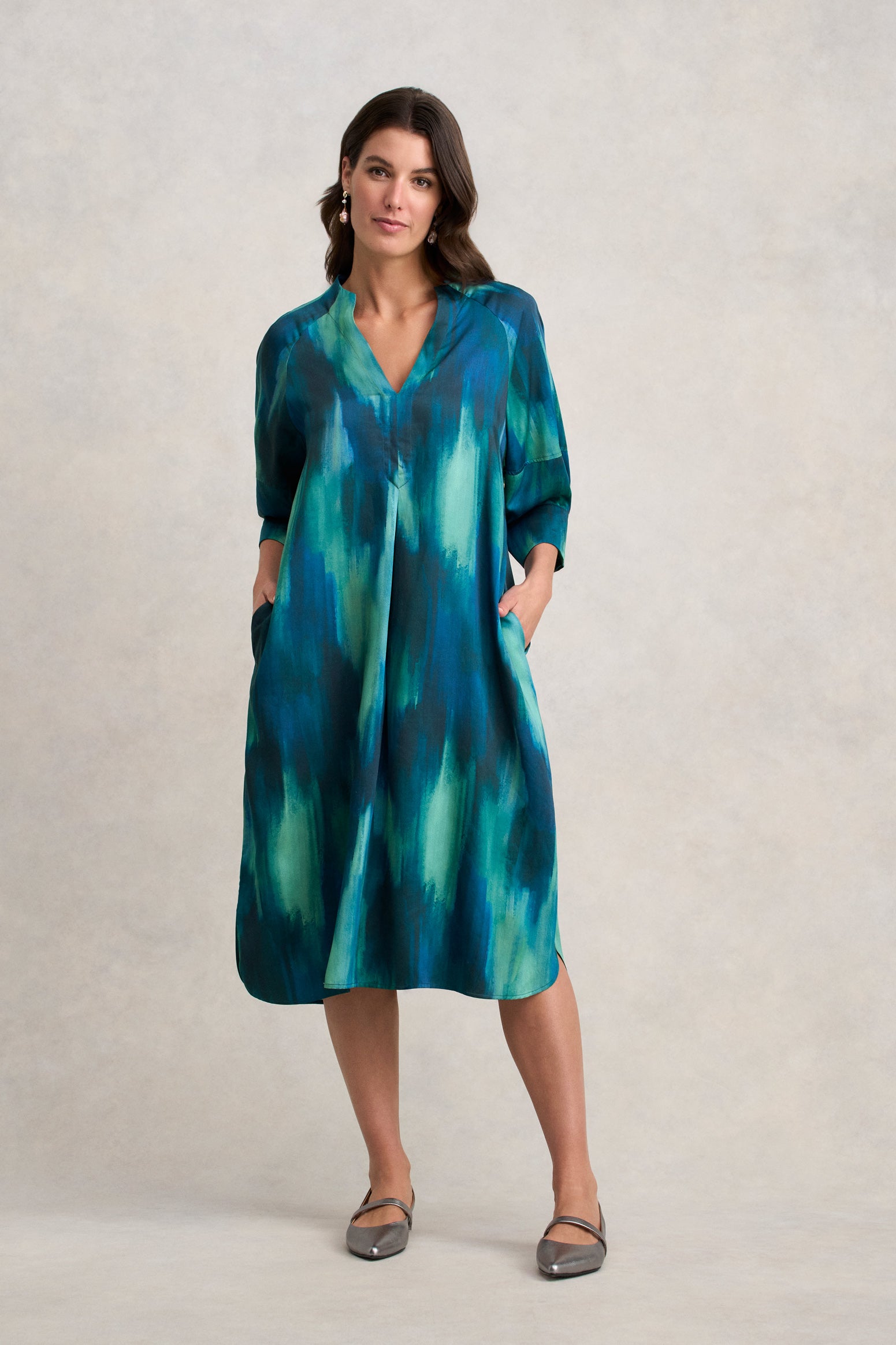 Cocoon Sleeve Printed Dress - Abstract Strokes