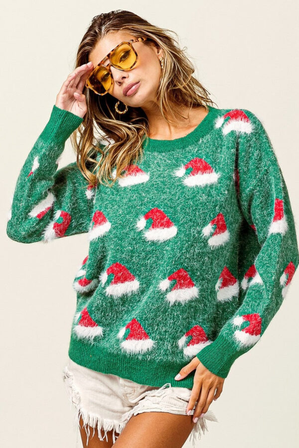Color Block Santa Hat Fuzzy Embroidered Sweater