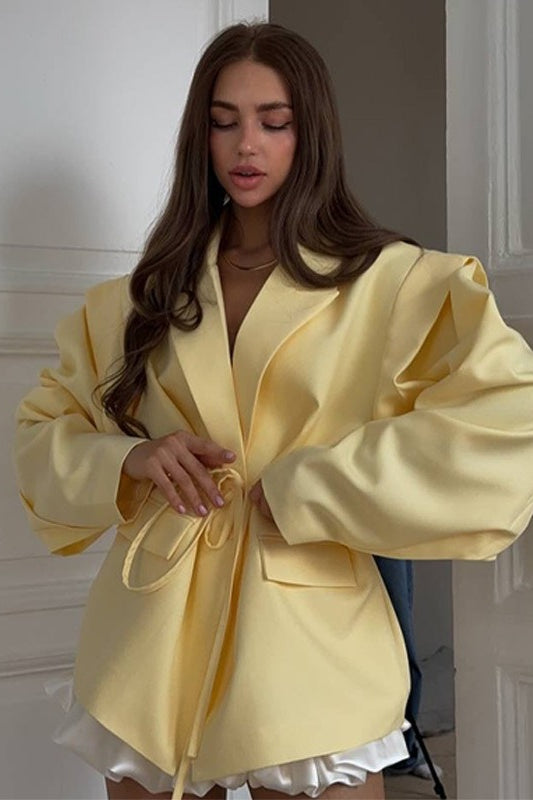 V-Neck Belted Shoulder Pad Blazer