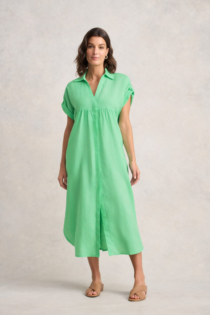 Linen Gather Front Dress – Bright Apple