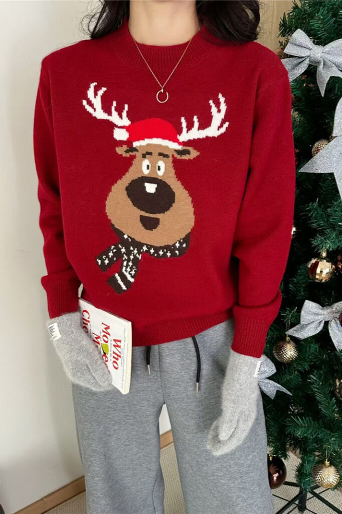 Crew Neck Color Block Deer Sweater